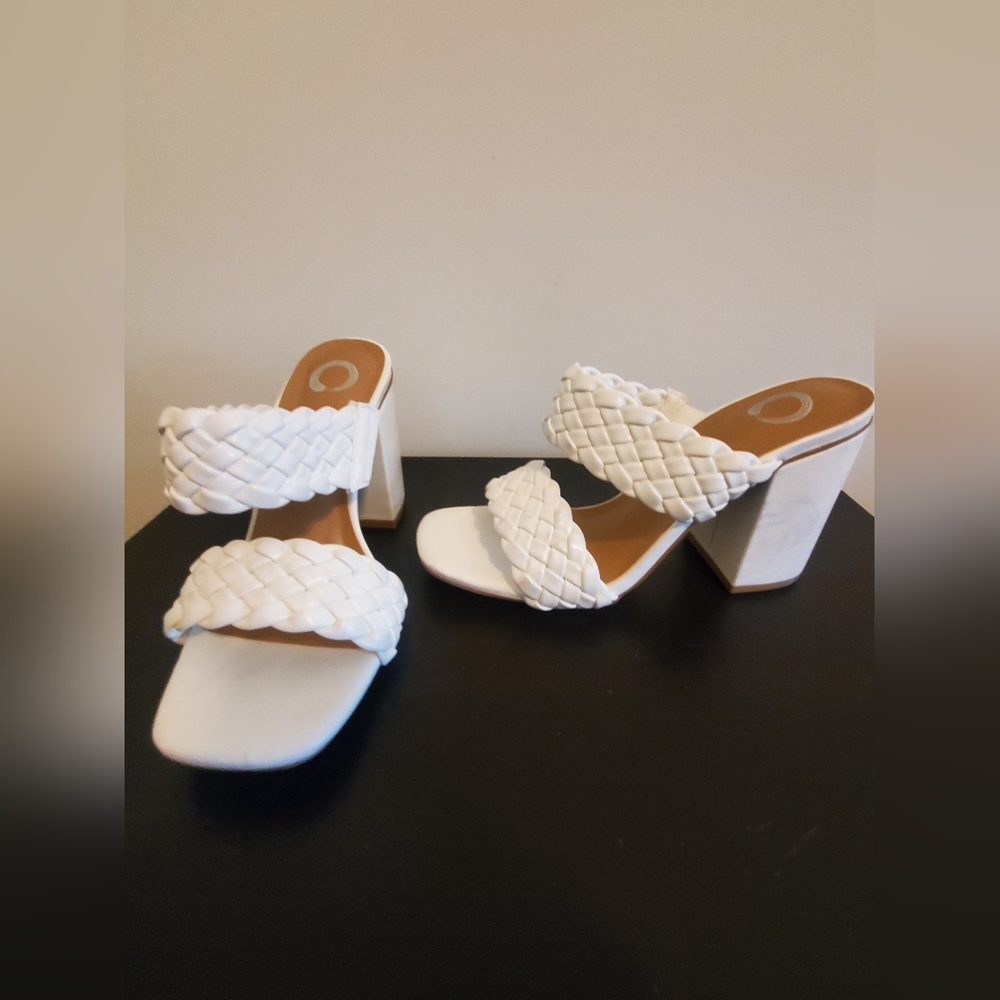 White braided strap heels